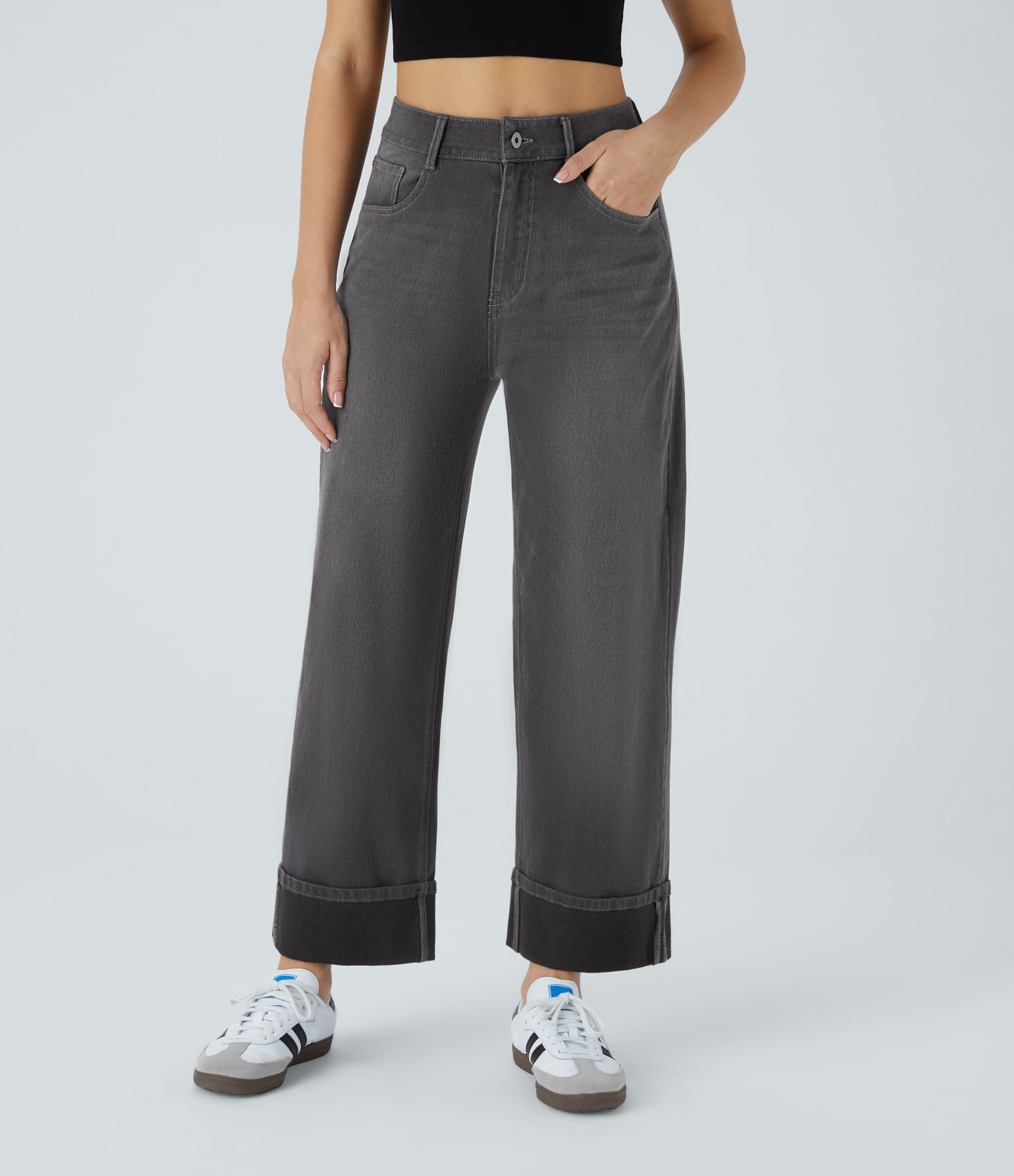 Halara FlexTM High Waisted Multiple Pockets Rolled Hem Wide Leg Washed Stretchy Knit Casual Jeans