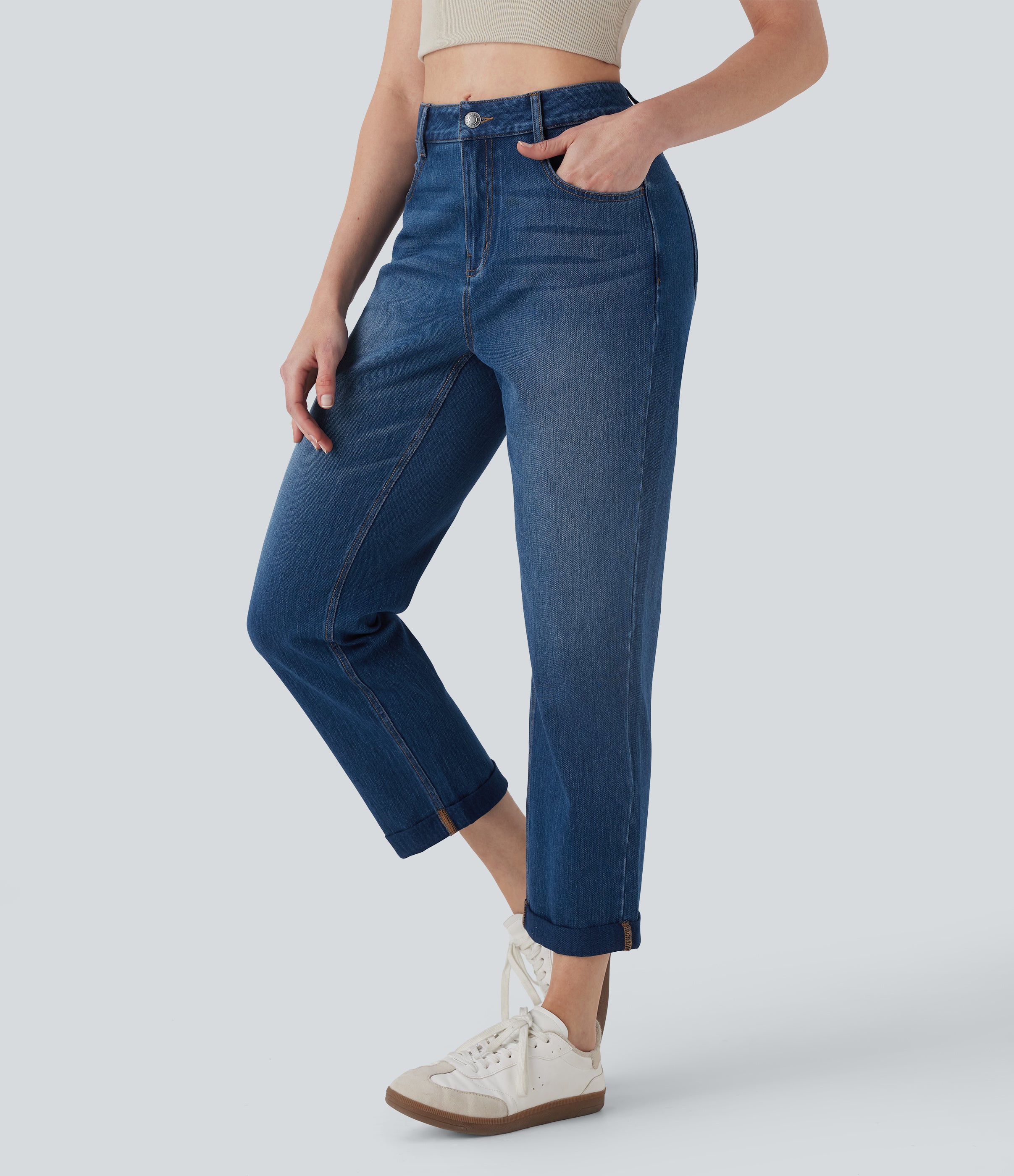 Halara FlexTM Mid Rise Straight Leg Washed Casual Jeans with Pockets
