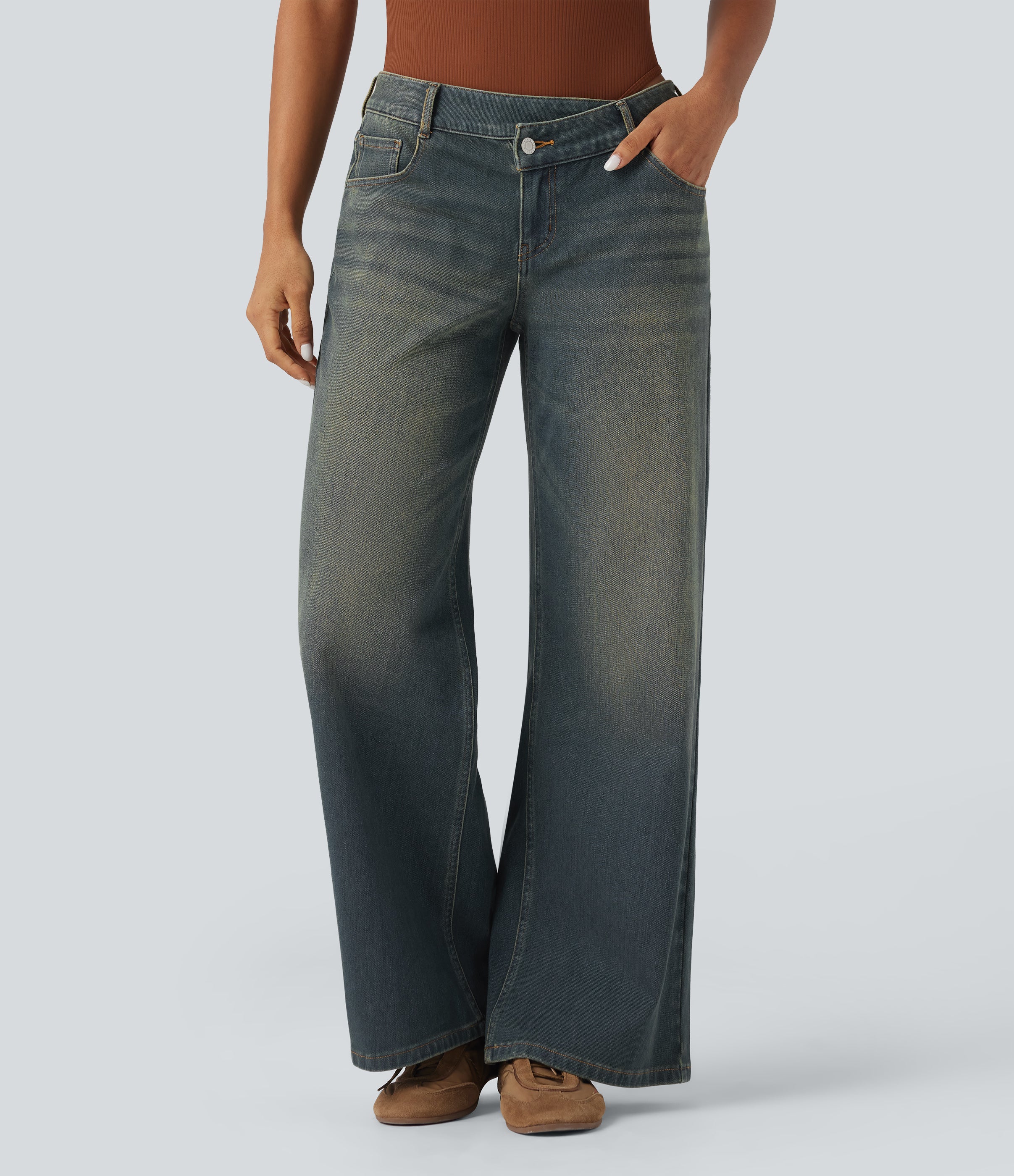 Halara FlexTM Asymmetric Low Rise Zipper Pockets Baggy Wide Leg Washed Casual Jeans