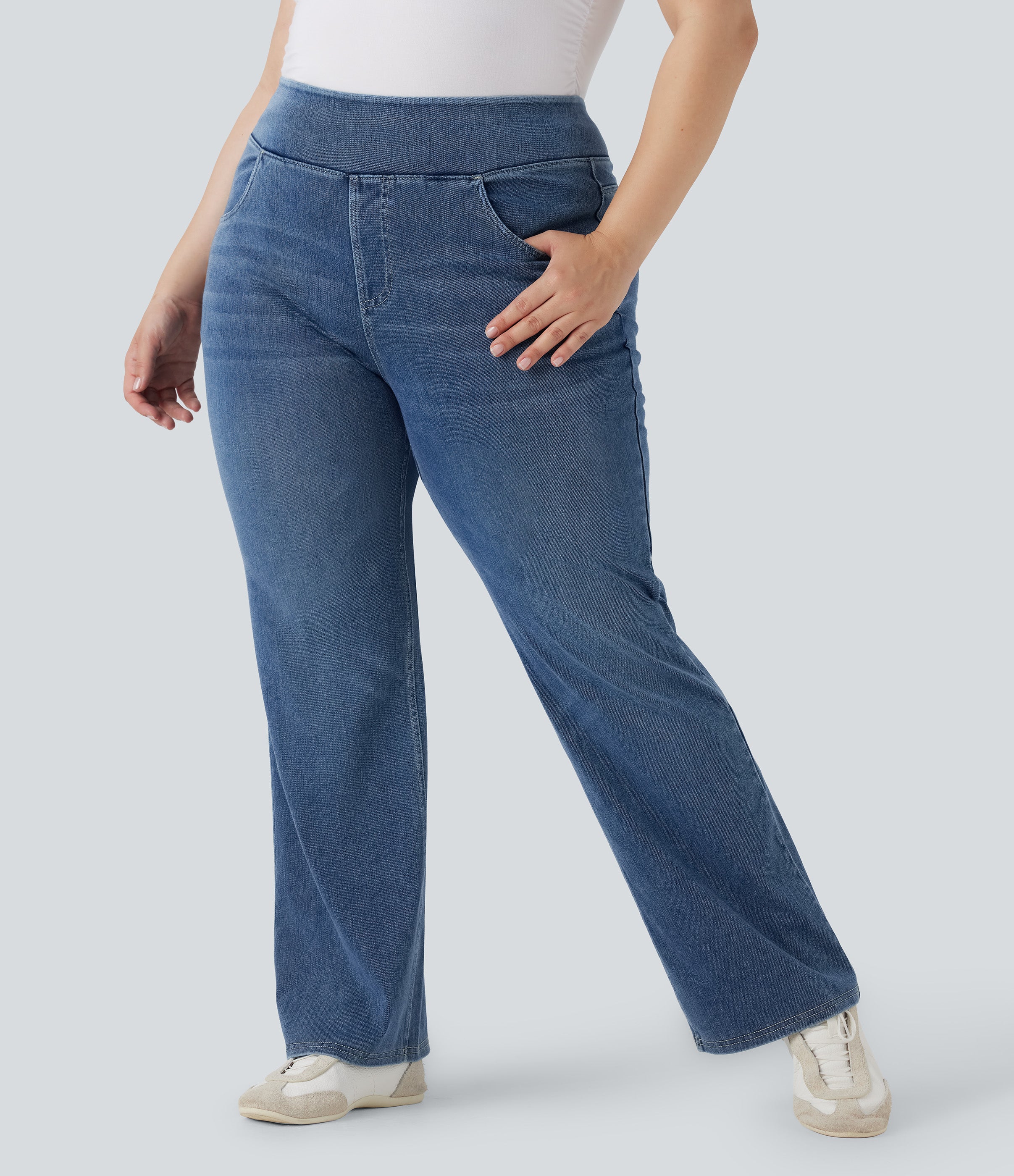 Halara FlexTM High Waisted Pockets Washed Casual Bootcut Plus Size Jeans