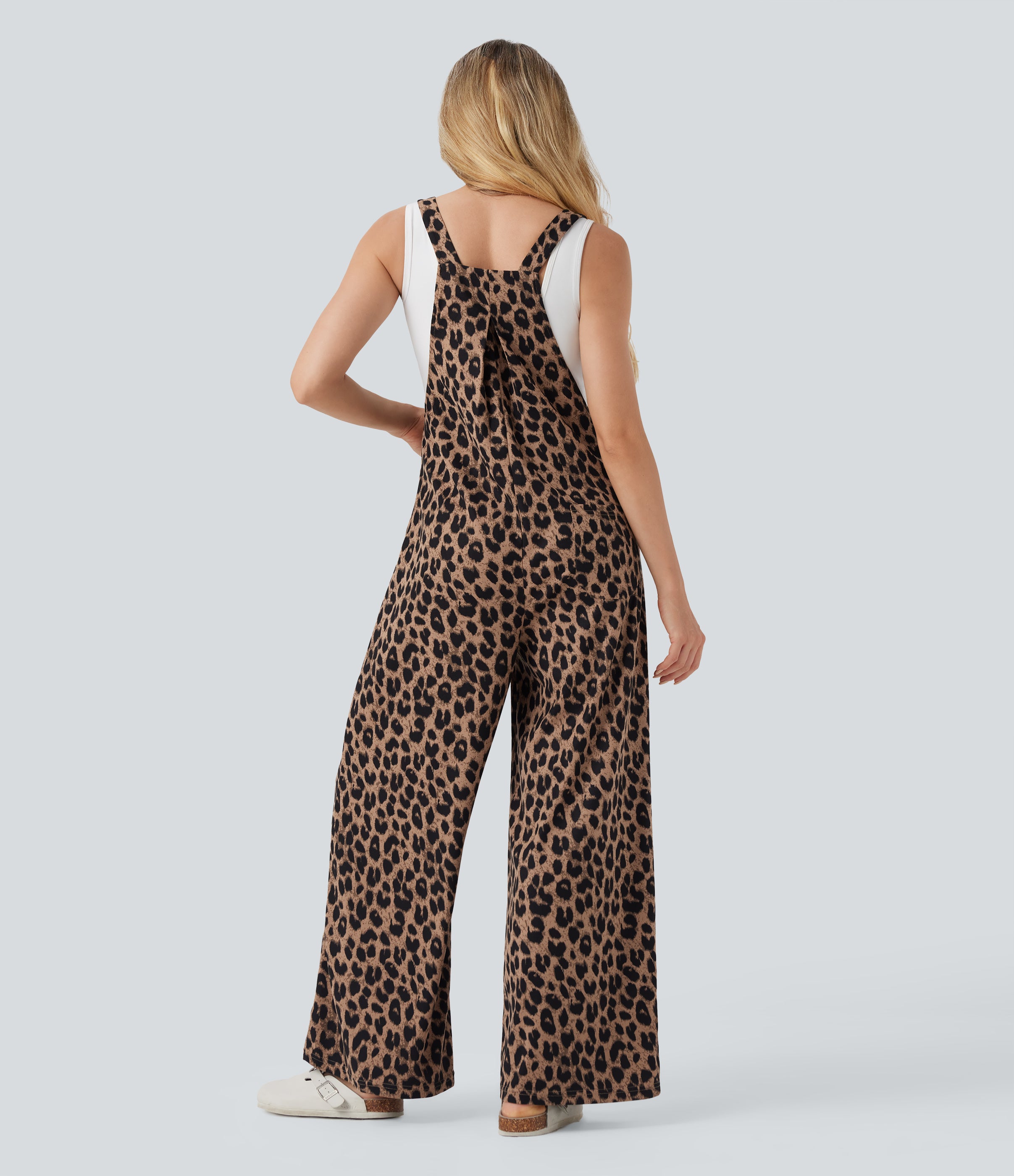 Leopard Print Waffle Casual Overalls with Pockets