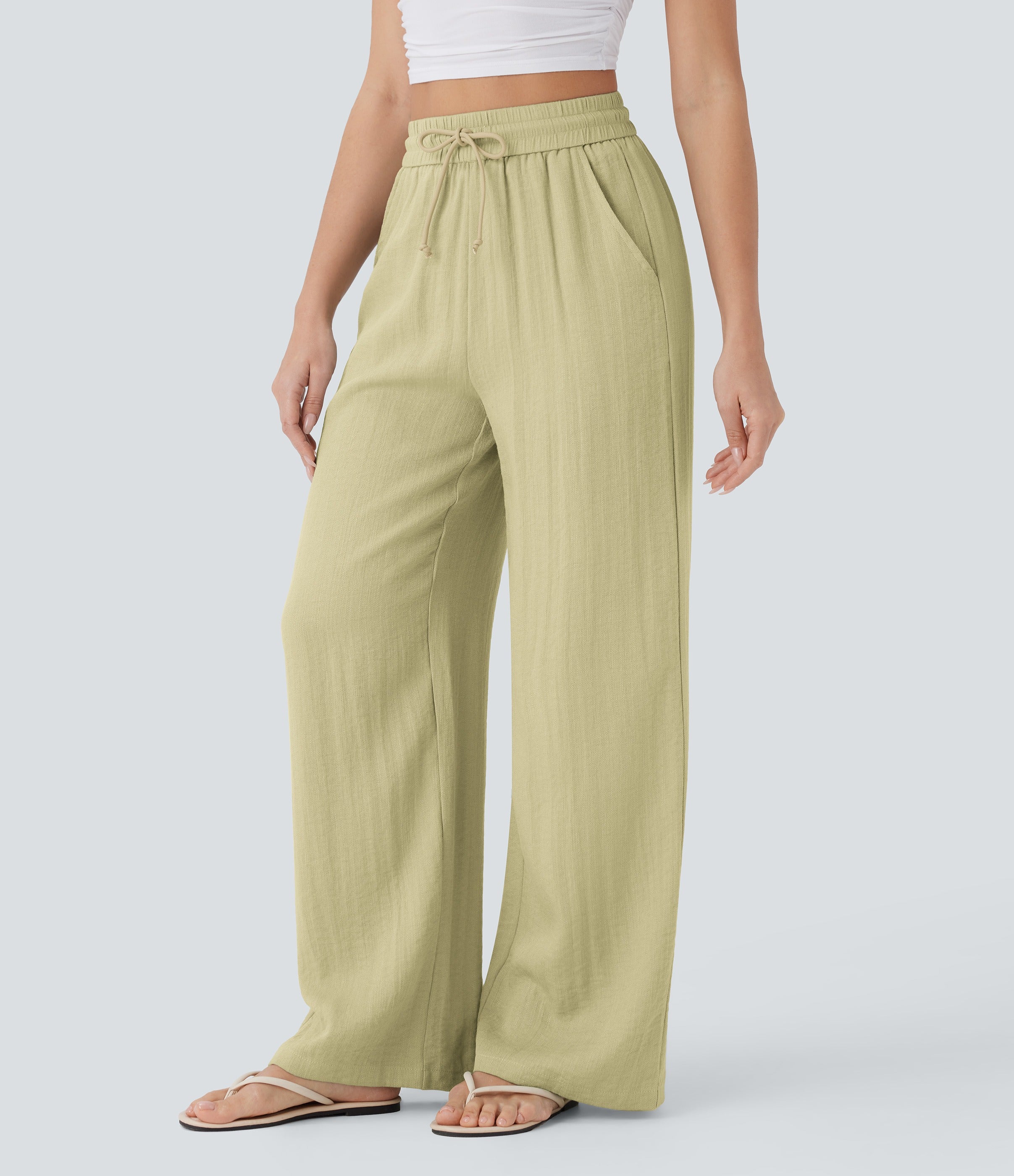 2026🔥 Halara High Waisted Drawstring Pocket Wide Leg Casual Linen-Feel Pants