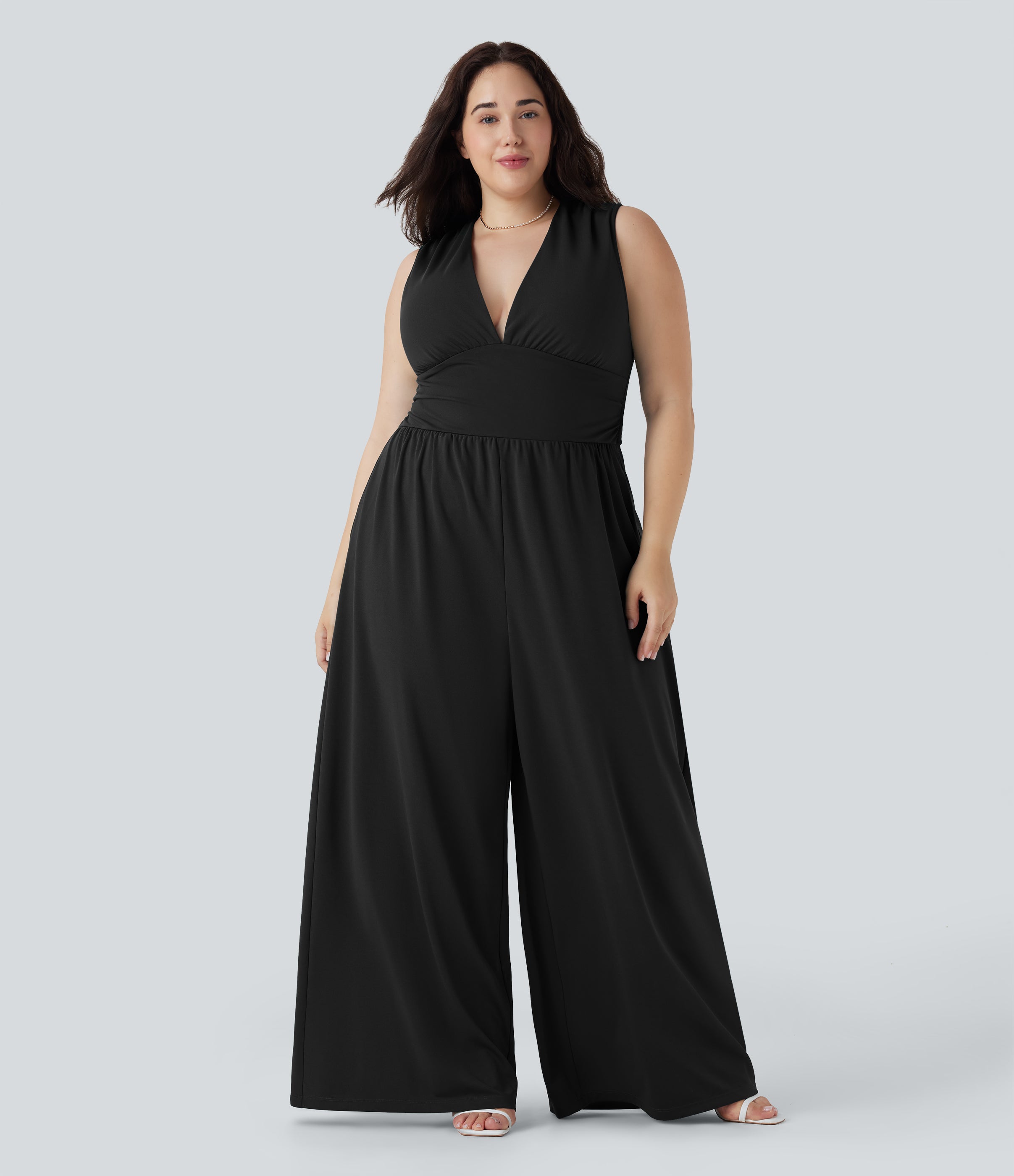 Plus Size V Neck Sleeveless Jumpsuit with Pockets-Easy Peezy Edition