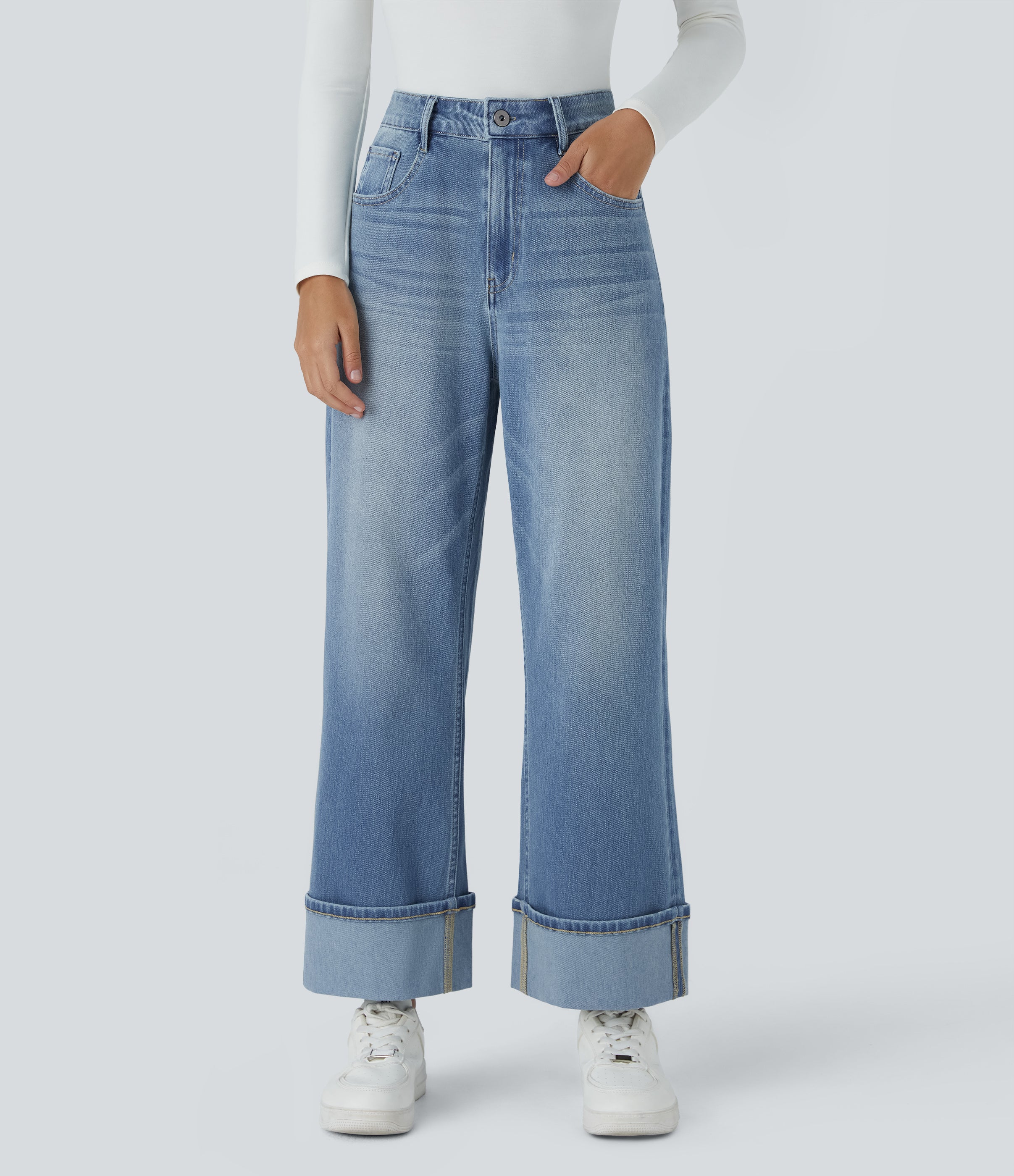 Halara FlexTM High Waisted Multiple Pockets Rolled Hem Wide Leg Washed Stretchy Knit Casual Jeans