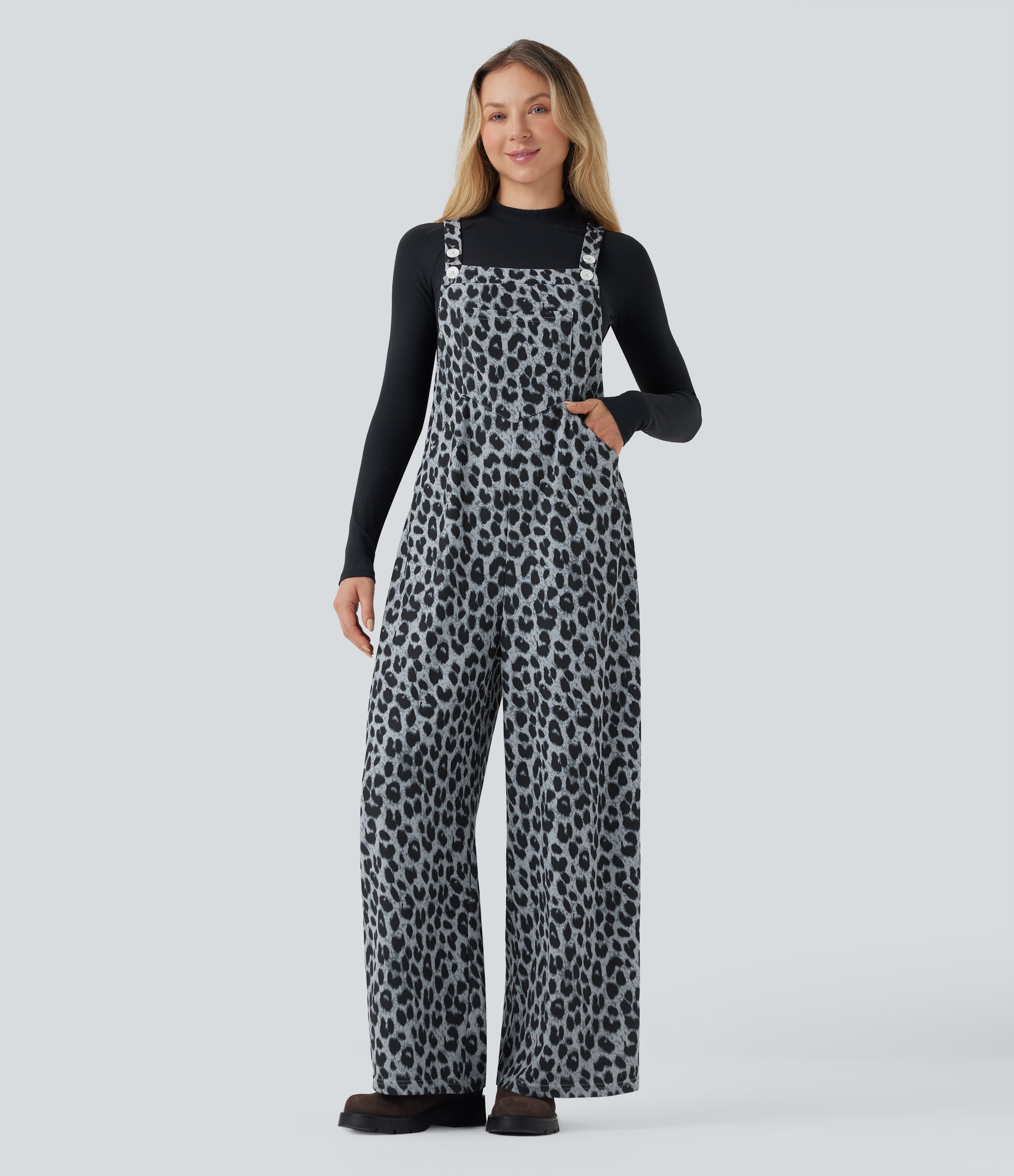 Leopard Print Waffle Casual Overalls with Pockets