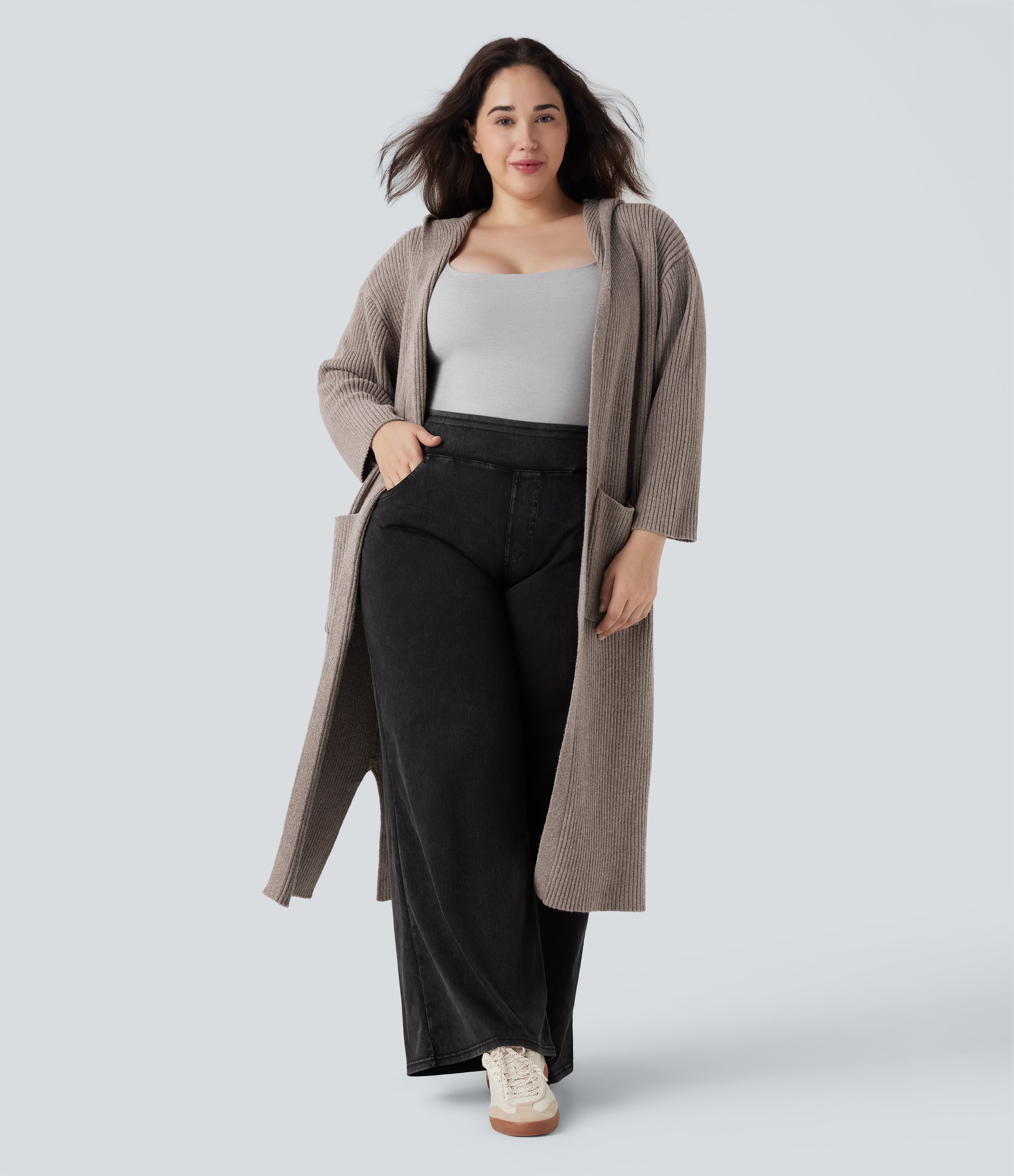 Hooded Long Sleeve Pocket Longline Casual Plus Size Cardigan