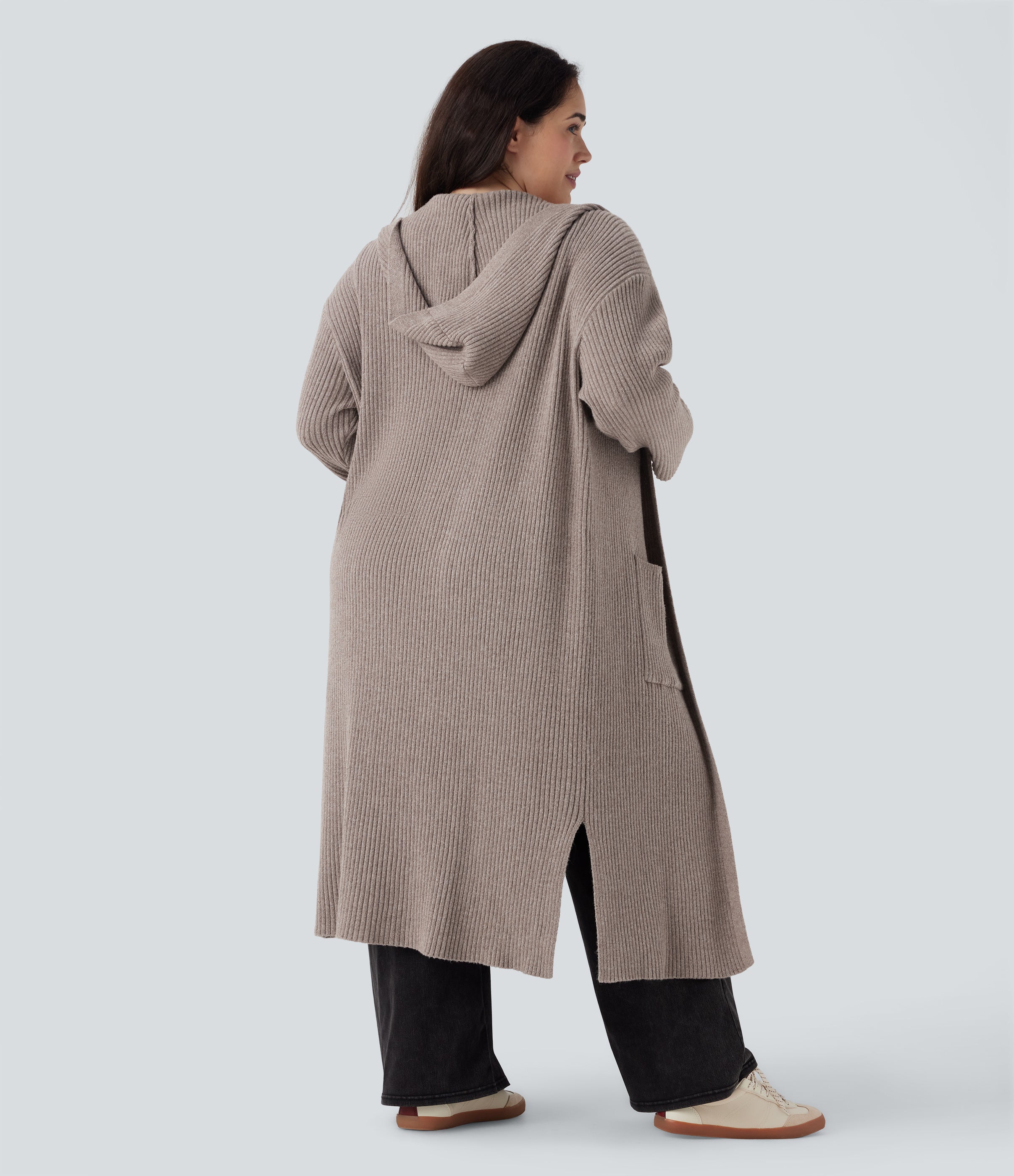 Hooded Long Sleeve Pocket Longline Casual Plus Size Cardigan