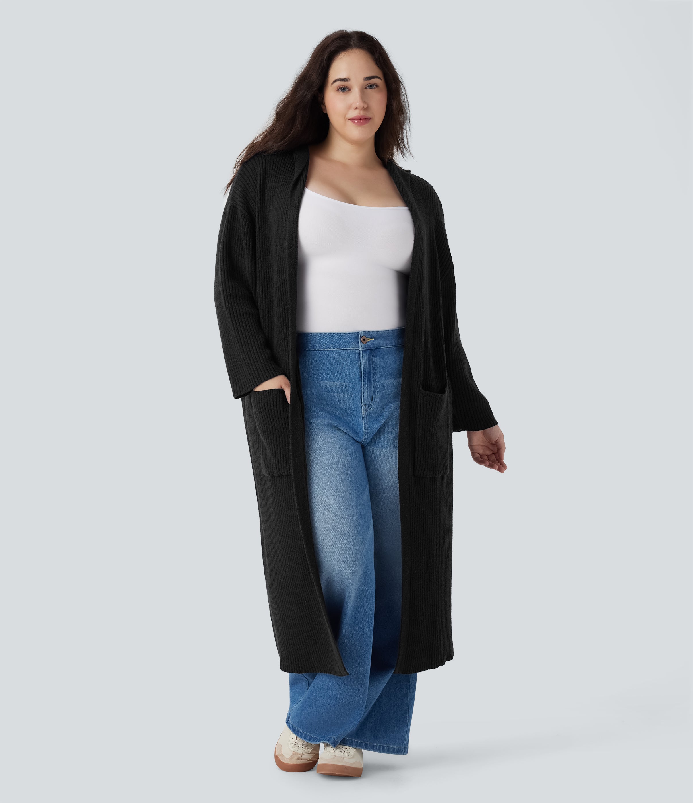 Hooded Long Sleeve Pocket Longline Casual Plus Size Cardigan
