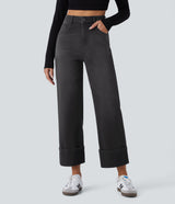 Halara FlexTM High Waisted Multiple Pockets Rolled Hem Wide Leg Washed Stretchy Knit Casual Jeans