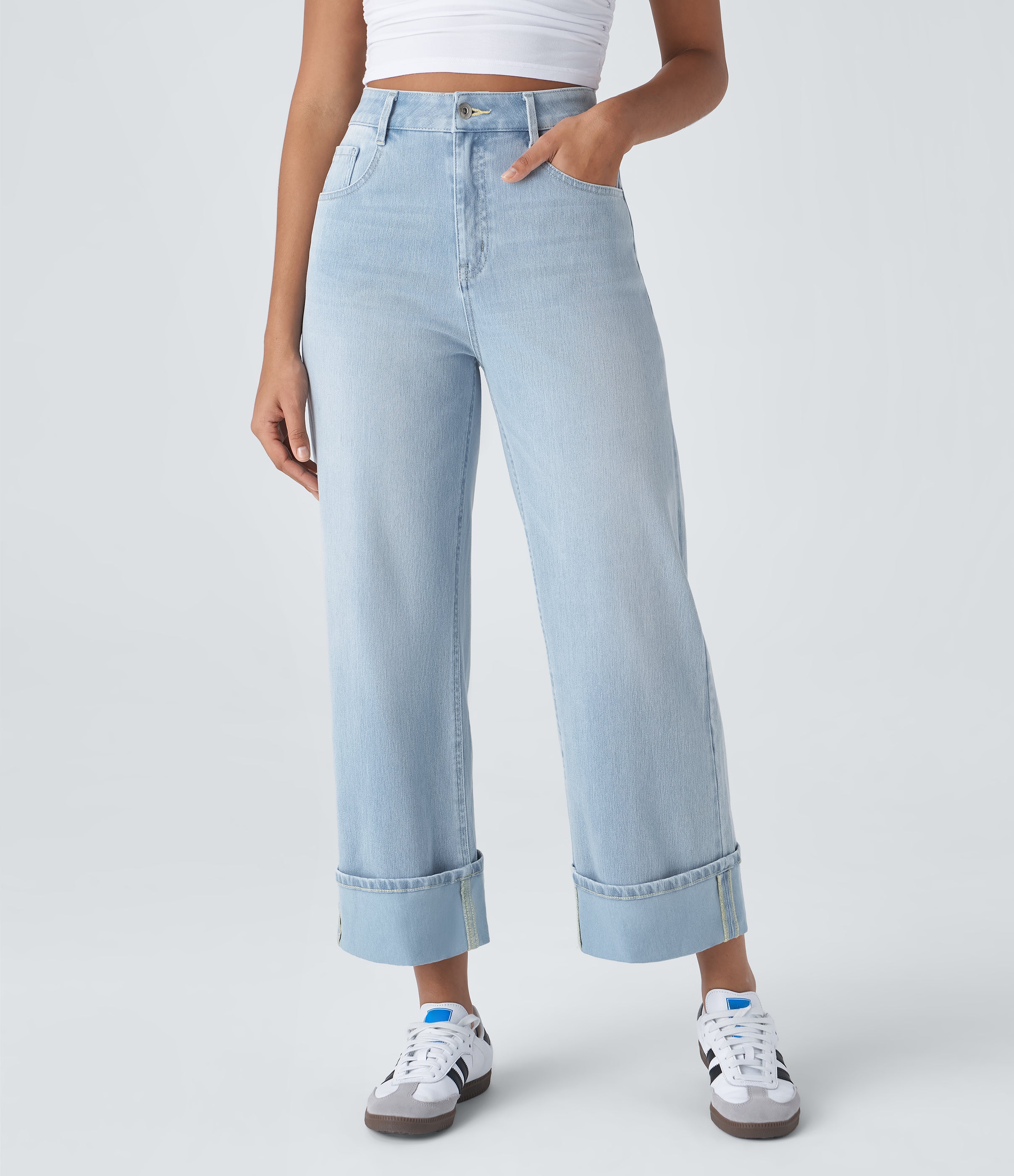 Halara FlexTM High Waisted Multiple Pockets Rolled Hem Wide Leg Washed Stretchy Knit Casual Jeans