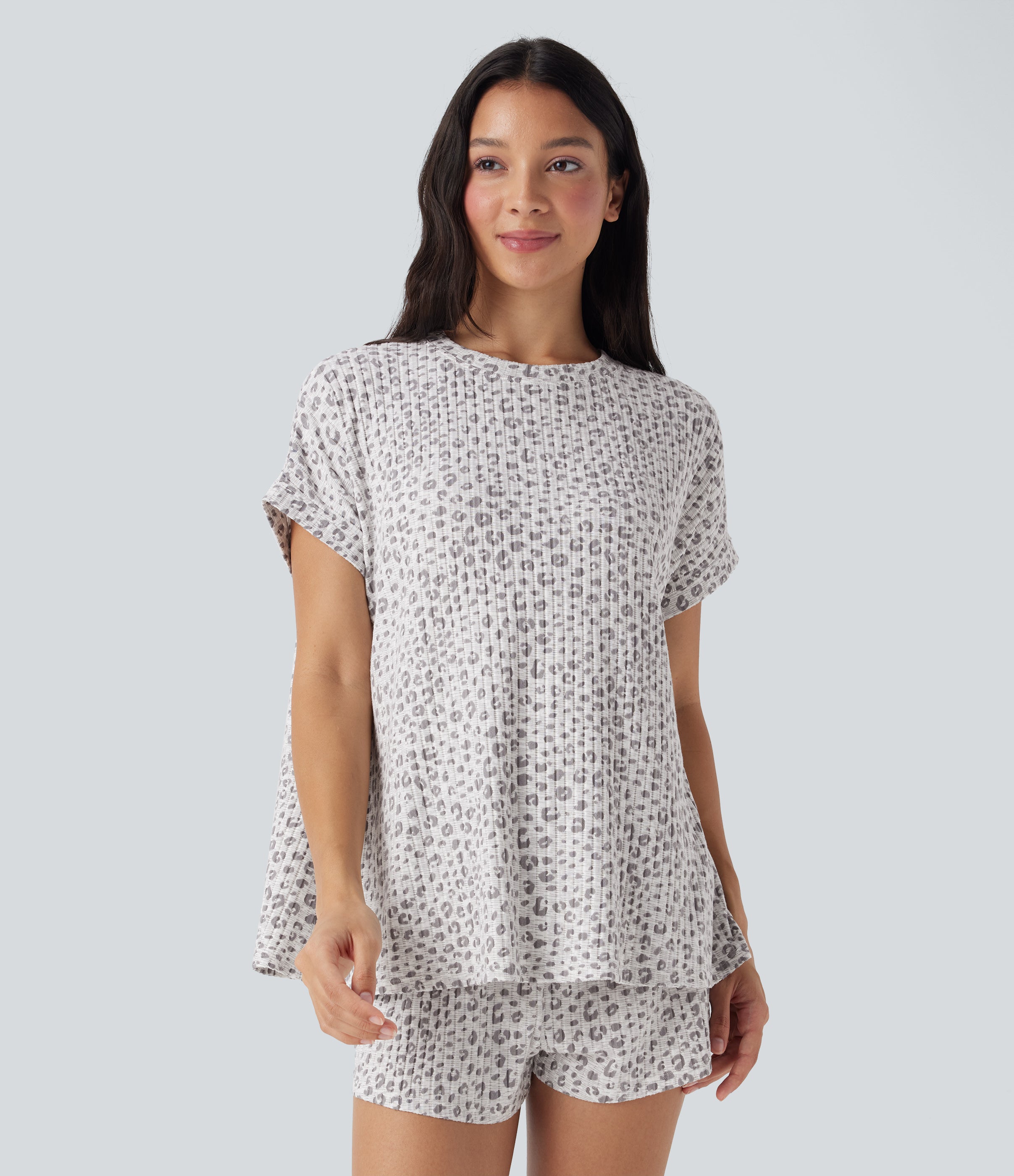 Round Neck Short Sleeve Leopard Print Lounge Top