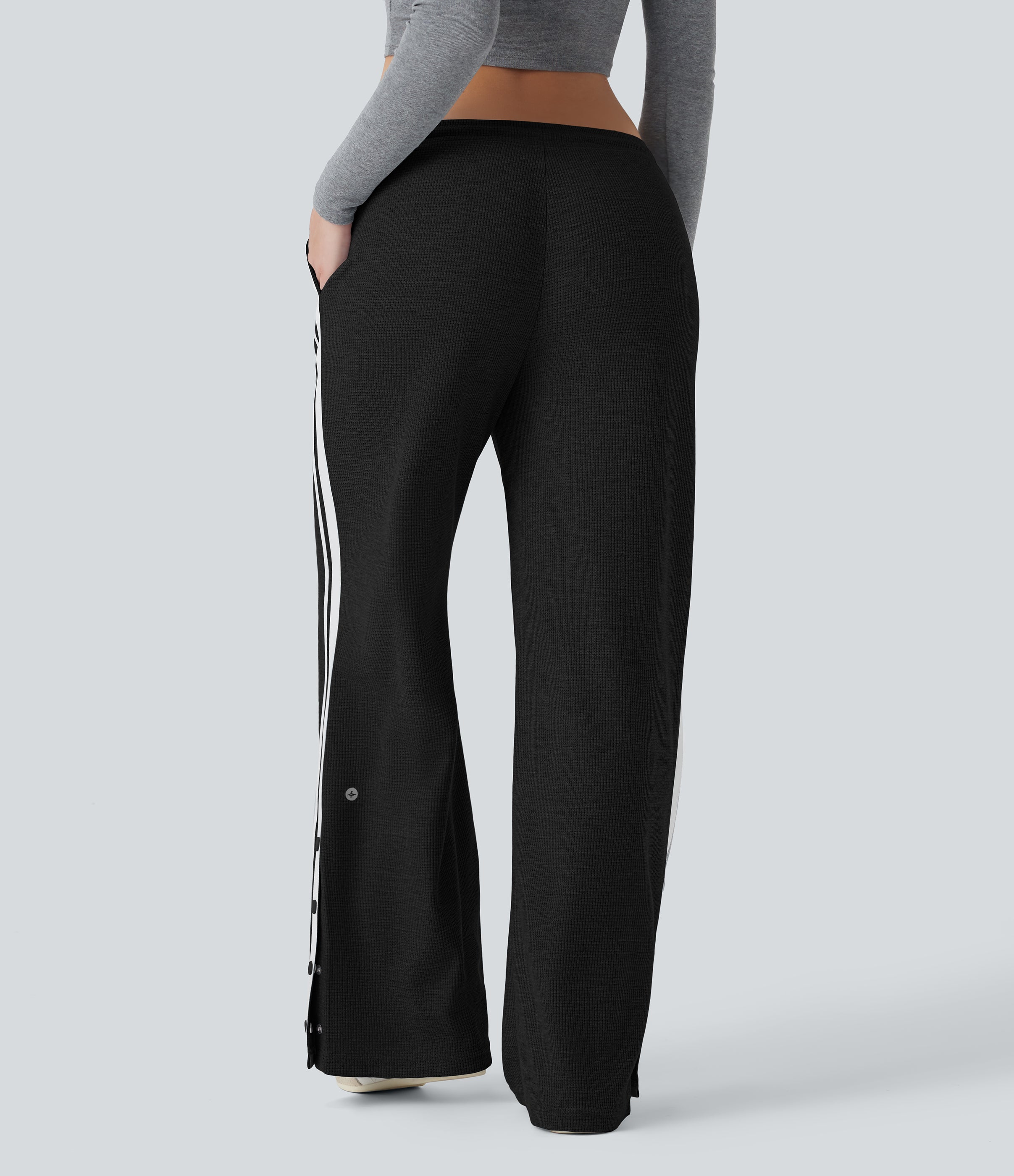 Low Rise Drawstring Color Block Snap Waffle Casual Wide Leg Pants with Pockets