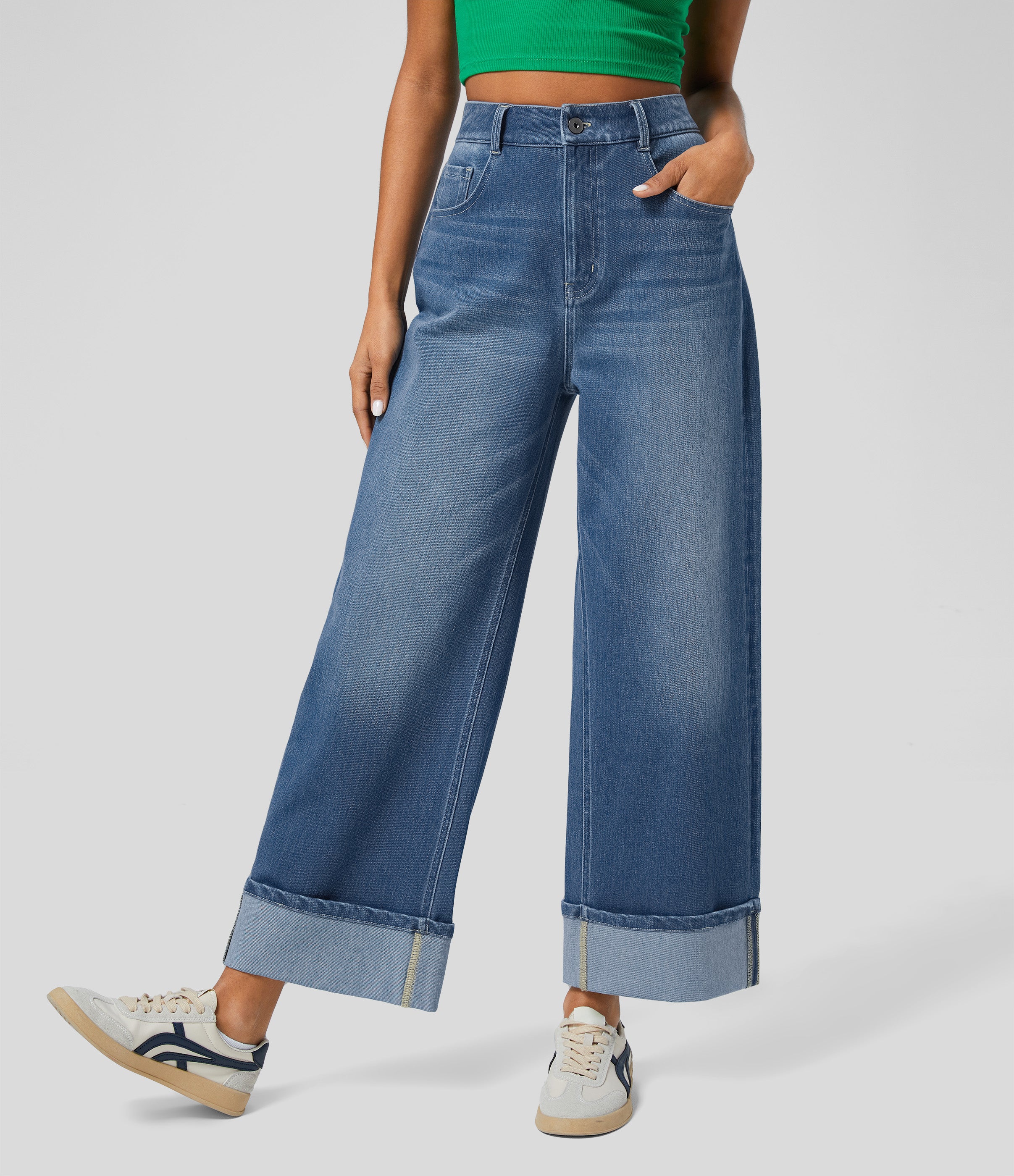 Halara FlexTM High Waisted Multiple Pockets Rolled Hem Wide Leg Washed Stretchy Knit Casual Jeans
